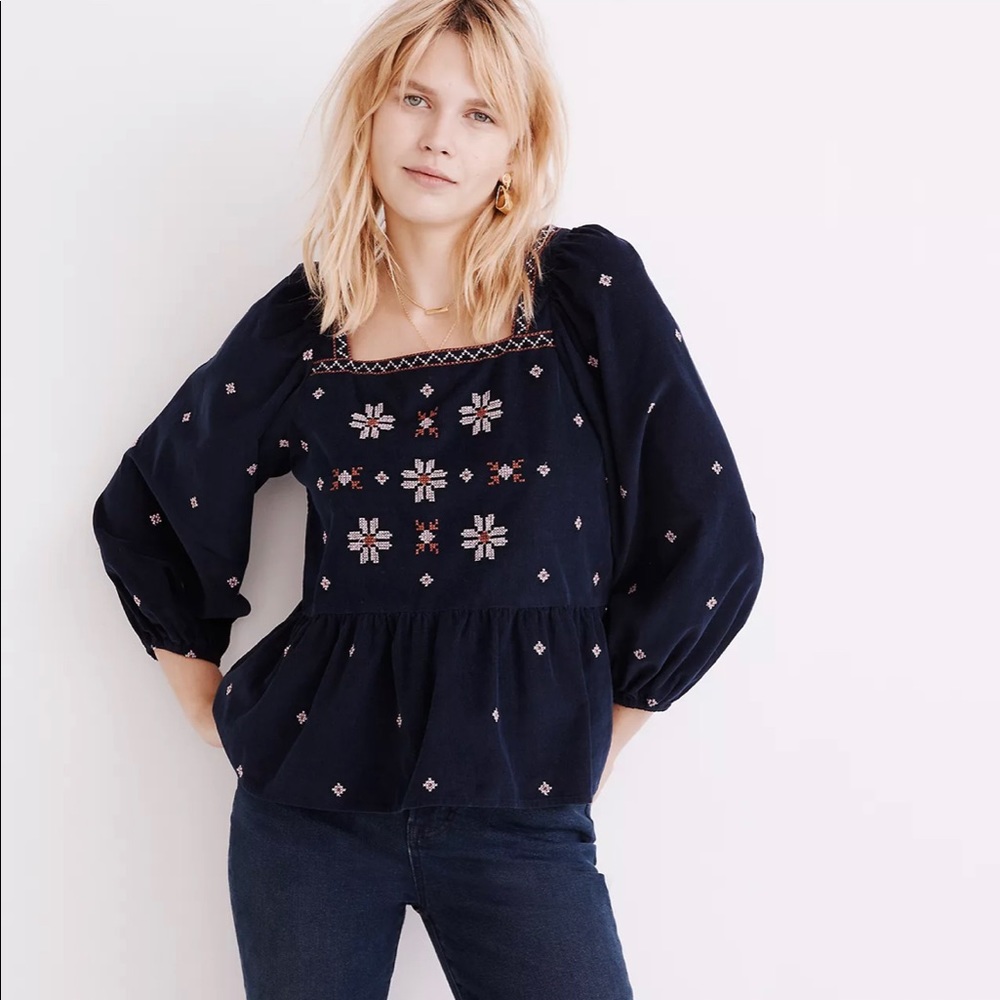 Madewell embroidered button back corduroy peplum top